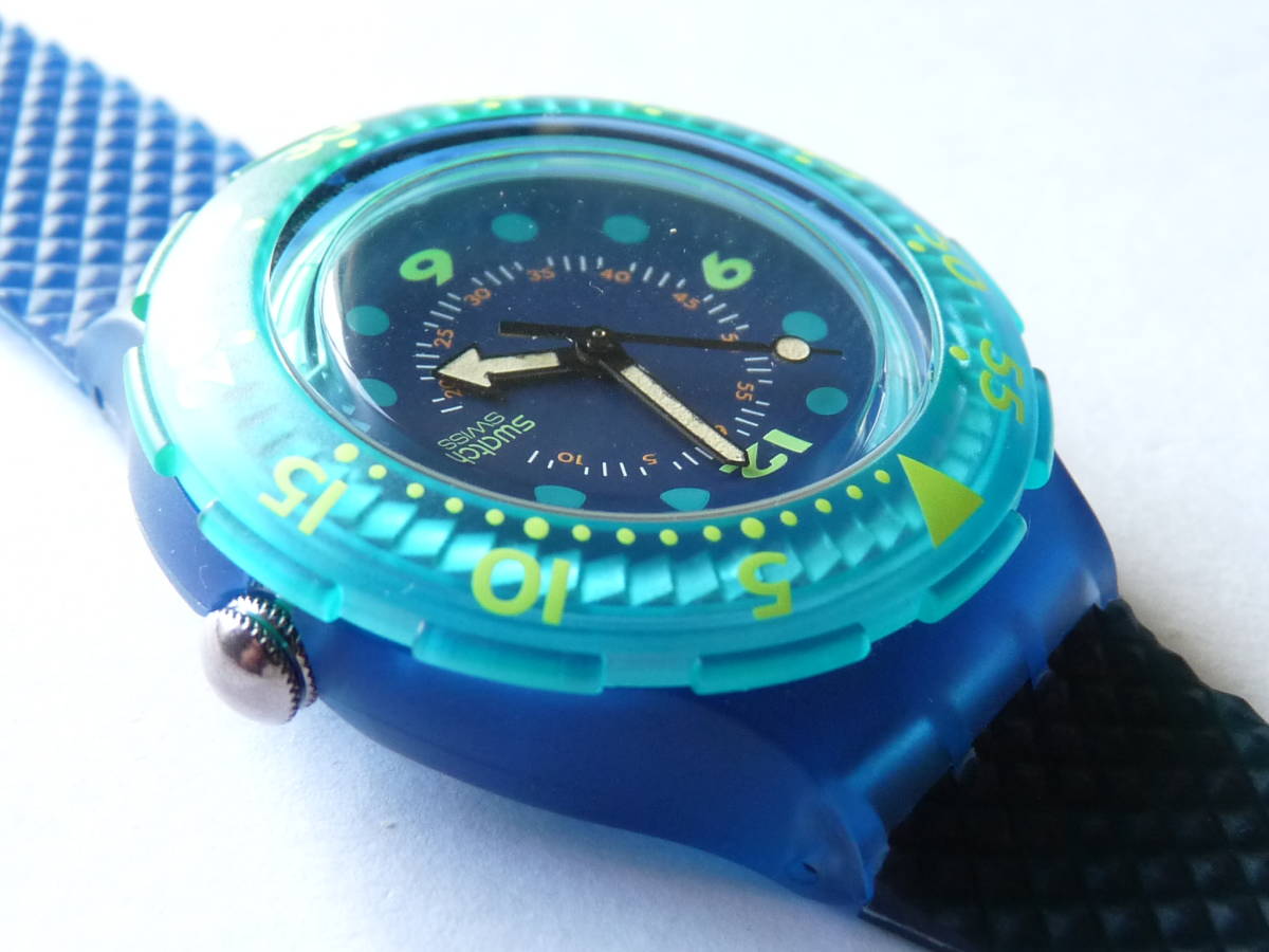  unused battery replaced beautiful goods Swatch Swatch the first period 1991 year of model scuba blue moon BLUE MOON product number SDN100 belt. top and bottom . color difference equipped 