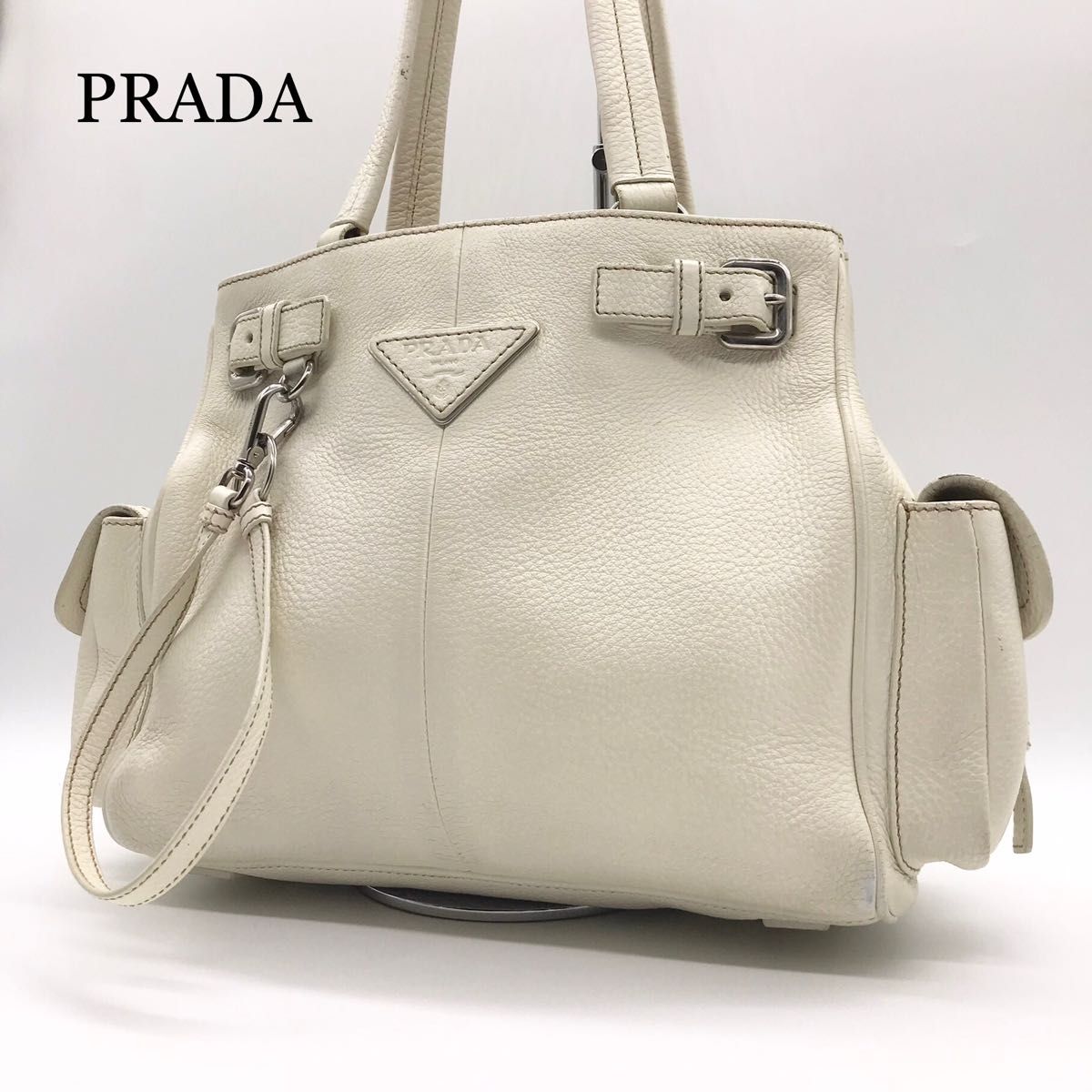 美品】プラダ トートバッグ オールレザー 三角プレート シルバー金具
