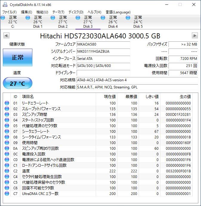 HITACHI 3.5インチHDD HDS723030ALA640 3TB SATA 2台セット #10502_画像3