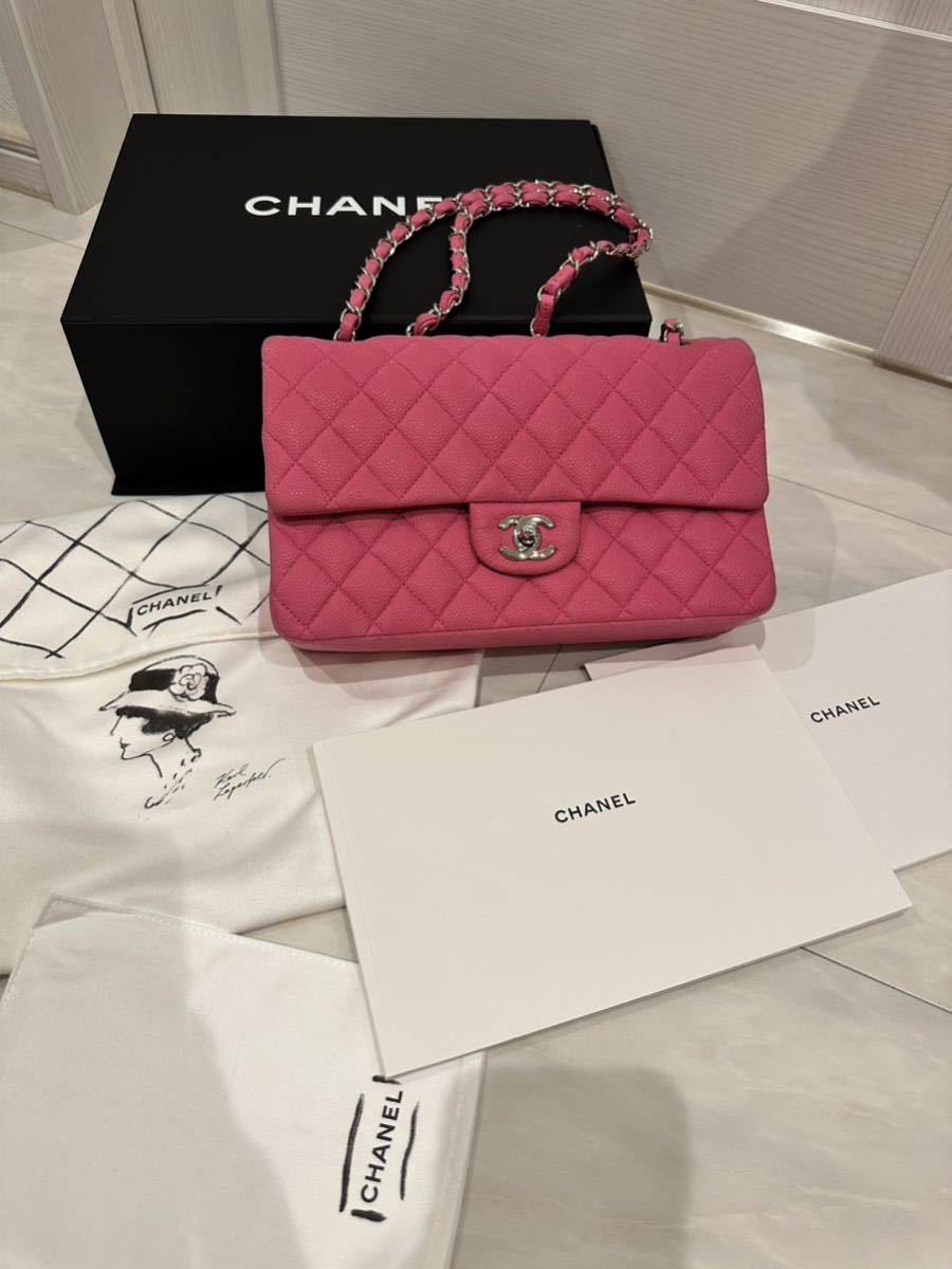 シャネル ショルダーバッグ マトラッセ ピンク キャビアスキン ダブルフラップ 25 シルバーCHANEL_画像1