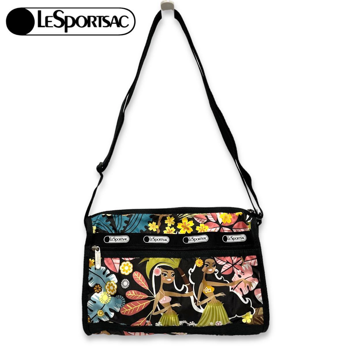 希少■LeSportsac (レスポートサック) HAWAII ハワイ限定 ワヒネフラ デラックス ショルダー サッチェル バッグ マルチカラー フラガール_画像1