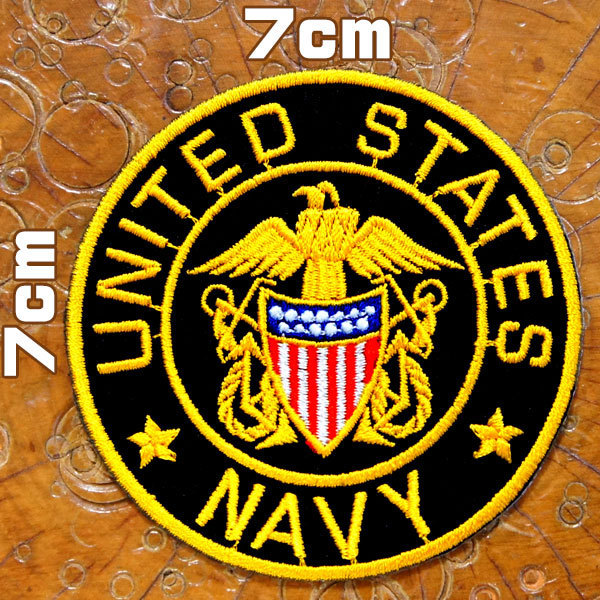 ミリタリーワッペン【UNITED STATES NAVY】アメリカ海軍 丸 直径7cm 軍物 黒 黄色 赤 アップリケ パッチ 刺繍 アイロン 糊付き_画像1