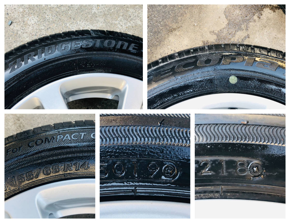 155/65R14 ダイハツ 純正 14インチ アルミホイール 2019年製x2 2018年製x2 ブリヂストン 4本セット タント ムーヴ コンテ 軽自動車 A25_画像7