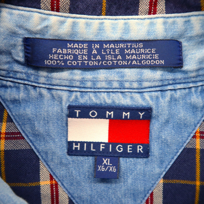 古着 TOMMY トミー ヒルフィガー ボタンダウンシャツ チェック 長袖 ネイビーベース サイズ表記：XL　gd41073_画像5