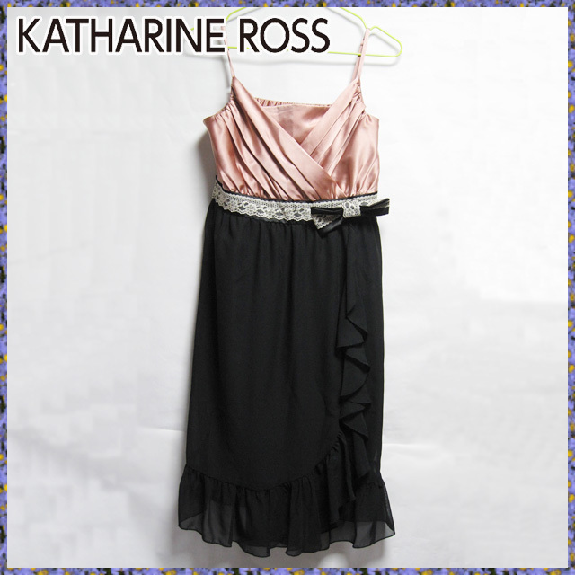 美品 KATHARINE ROSS キャサリンロスのドレス size:9AR ピンク×ブラック レースリボン付 結婚式・パーティー・披露宴フォーマルなシーンに