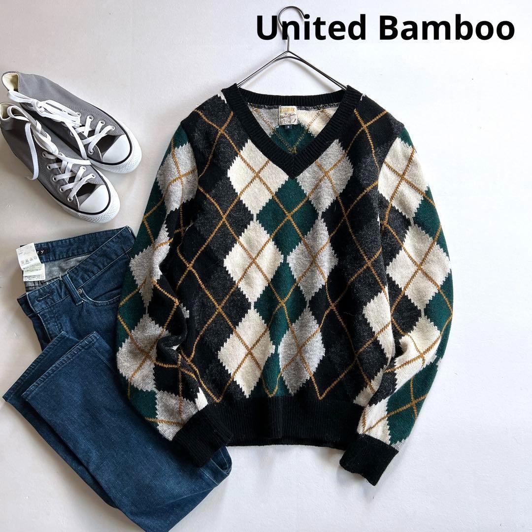 日本製　ユナイテッドバンブー United Bamboo ウール100% アーガイル総柄 Ｖネック ニットセーター