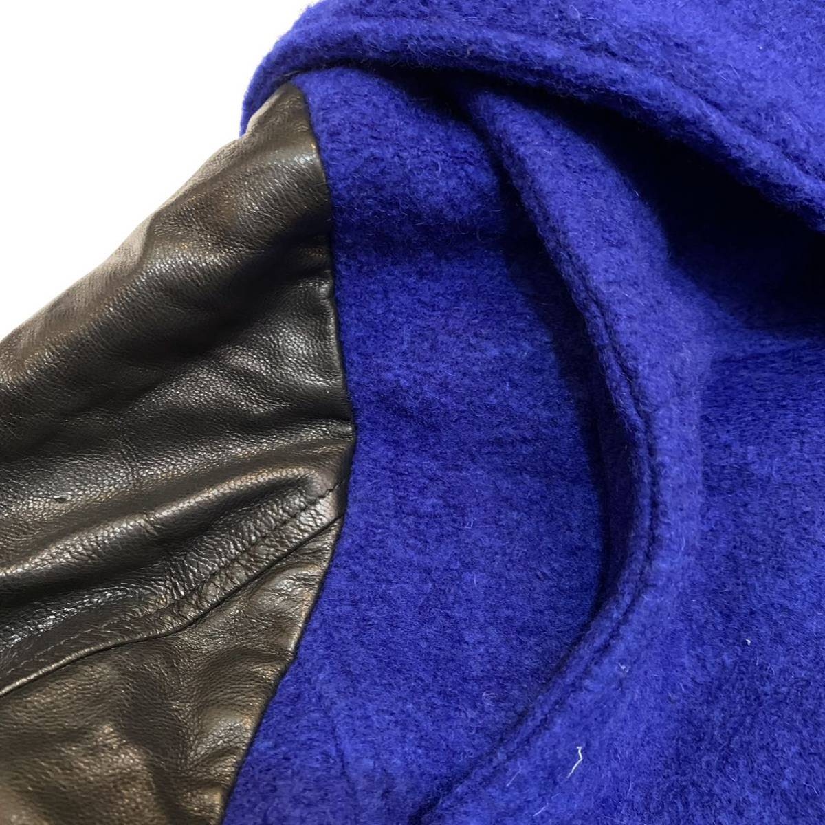 未使用 ウール 袖本革 変形 ライダースジャケット ダブル ブルー 切り替え Mサイズ