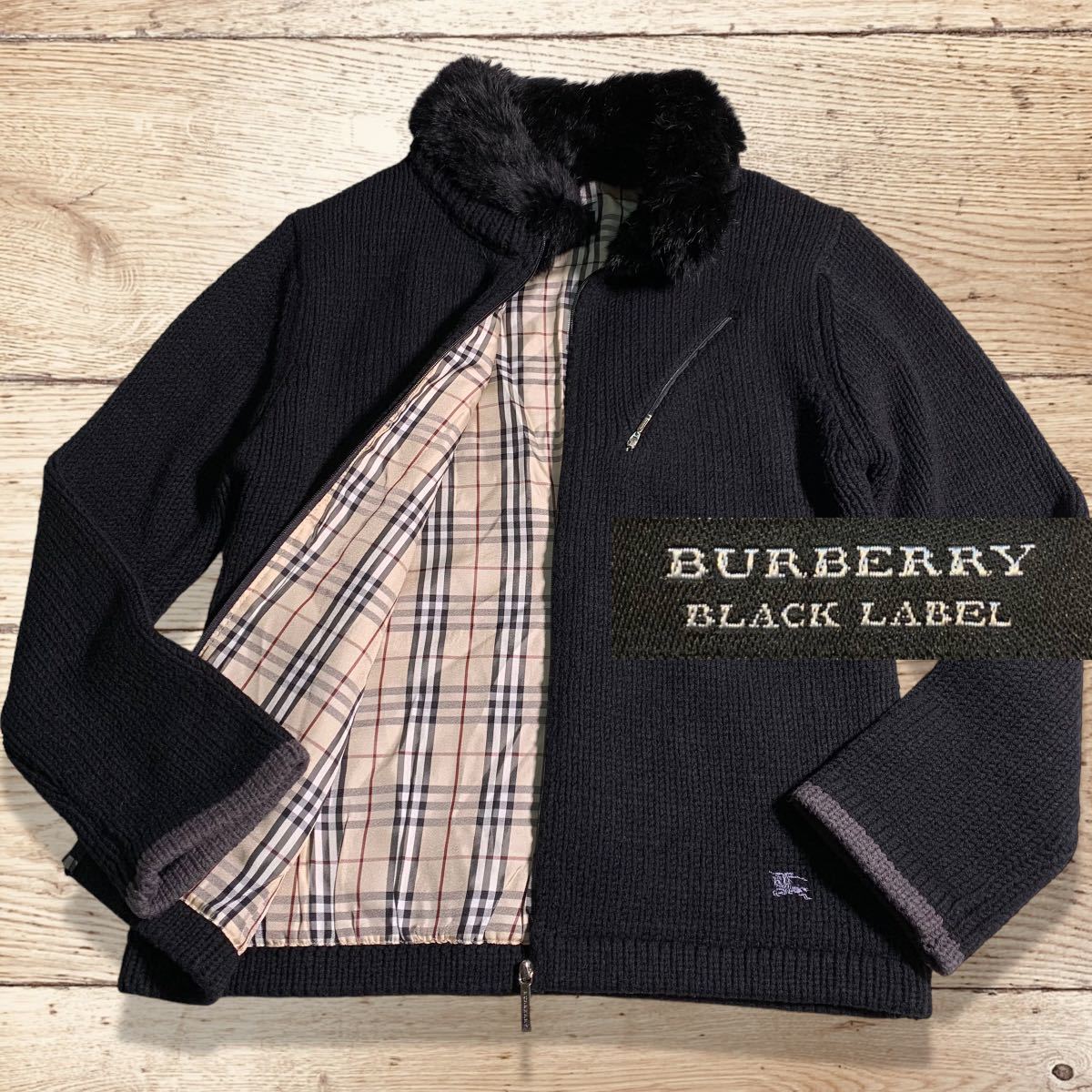 Burberry ドライバーズニット ノバチェック ニットブルゾン ファー付き バーバリーブラックレーベル ジップアップ ラビットファー