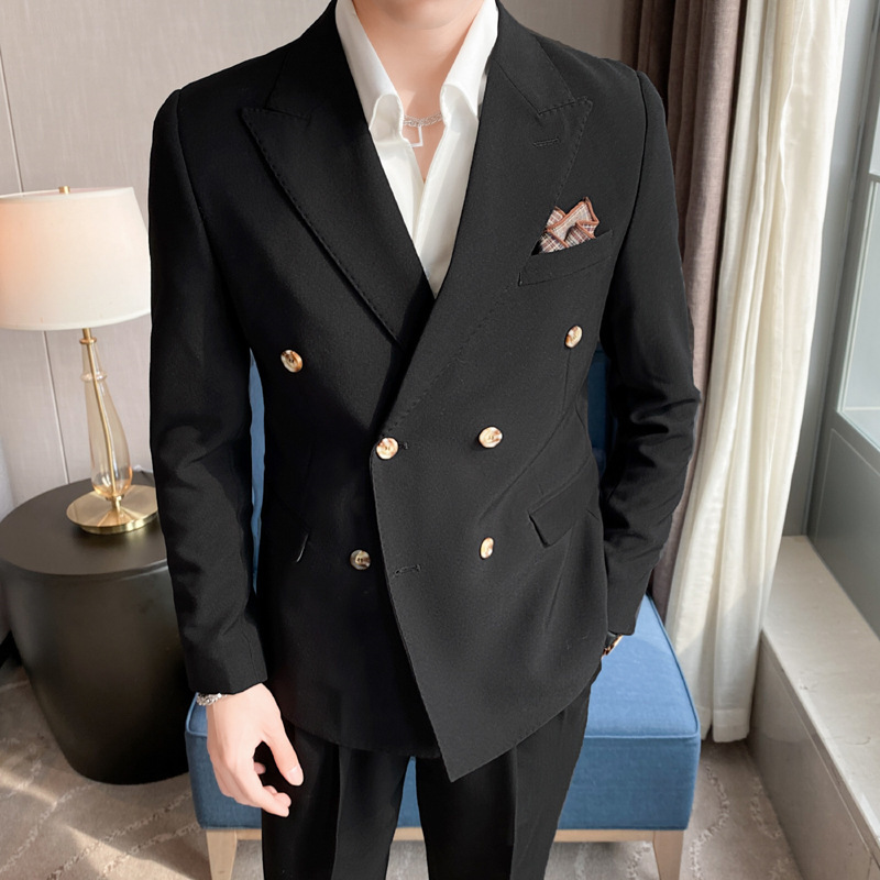 新品 スーツセット ビジネススーツ メンズ ダブルスーツ 上下セット シングルスーツ 高級 無地 スリム 二つボタン 紳士 結婚式 黒　M~3XL