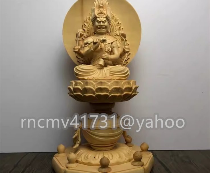 「81SHOP」総檜材 木彫仏像 仏教美術 精密細工 仏師で仕上げ品 愛染明王像 高さ31cm