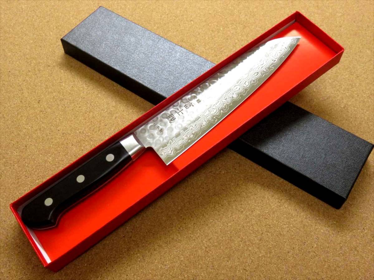 関の刃物 三徳包丁 18.5cm (185mm) 富士觀 鎚目鍛造 VG-10 ダマスカス 口金付黒合板 肉 魚 野菜切り 両刃万能包丁 文化包丁 国産日本製