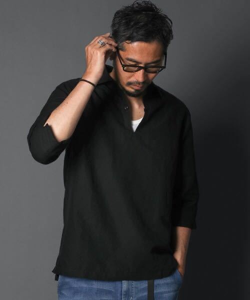 人気商品】 ST.GEORGE of DUFFER The LINEN M黒 スキッパーシャツ 7分