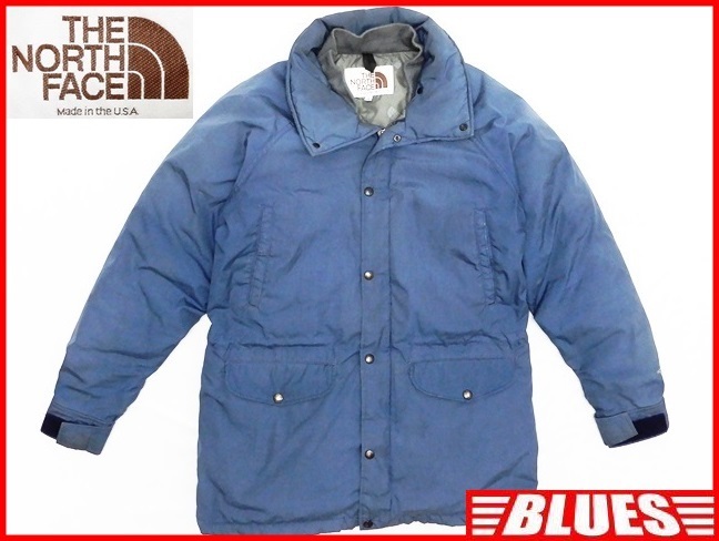 即決★米国製 THE NORTH FACE★メンズM ビンテージ古着 ダウンジャケット ノースフェイス 青 アウトドア コート 茶タグ 80s キャンプ 登山