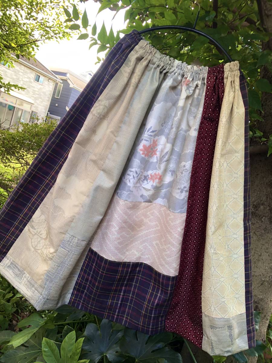 ハンドメイド　着物リメイク・和服リメイク　大島紬　フレアスカート・ロングスカート　パッチワーク　正絹　送料230円