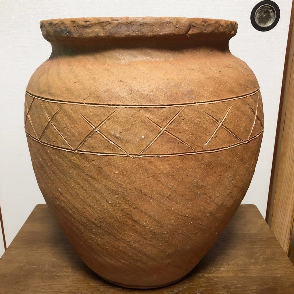 特大 40×46cm 信楽焼 備前焼 土器 陶器 かめ 壺 花瓶 花器 矢来紋-