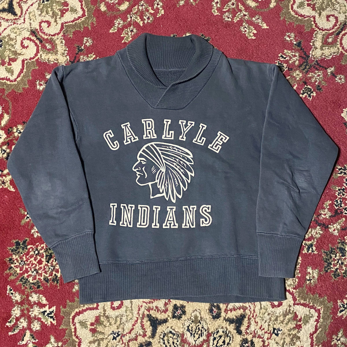 40s~50s Shawl Collar College Sweatshirt ショールカラー カレッジ スウェット 針抜き フロッキープリント ヘチマ ブラック ヴィンテージ_画像1