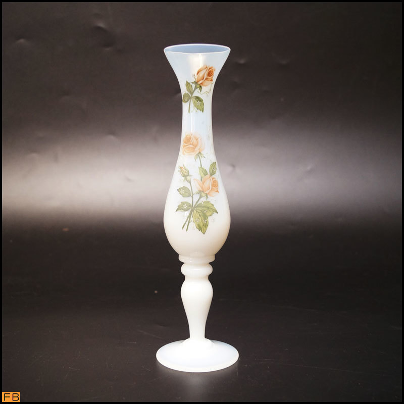 1312-ORWAL◆フラワーベース 乳白ガラス 手描き バラ 花器 アンティーク レトロ 一輪挿し フランス製_画像1