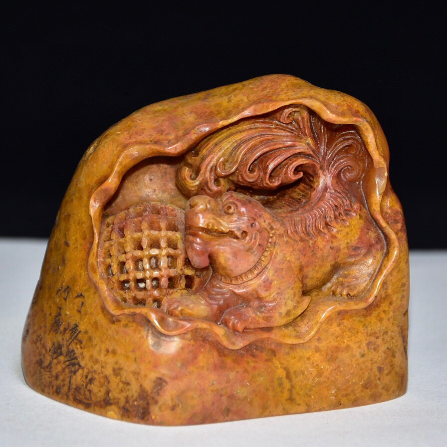蔵友館蔵品・寿山石・芙蓉石・細密彫・子母獣印章】・希少珍品・置物