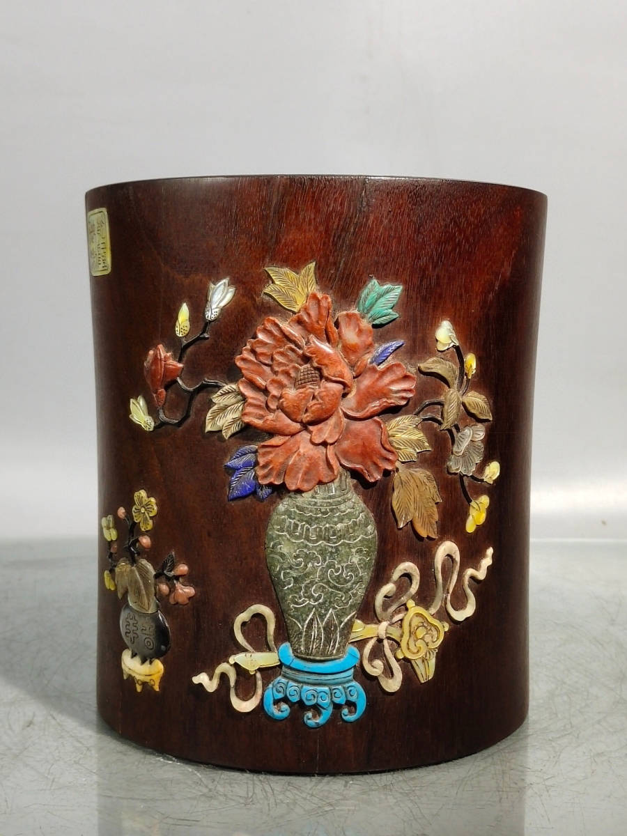 蔵友館蔵品・檀木製・細密彫・多寶嵌・花開富貴紋・筆筒】・希少珍品