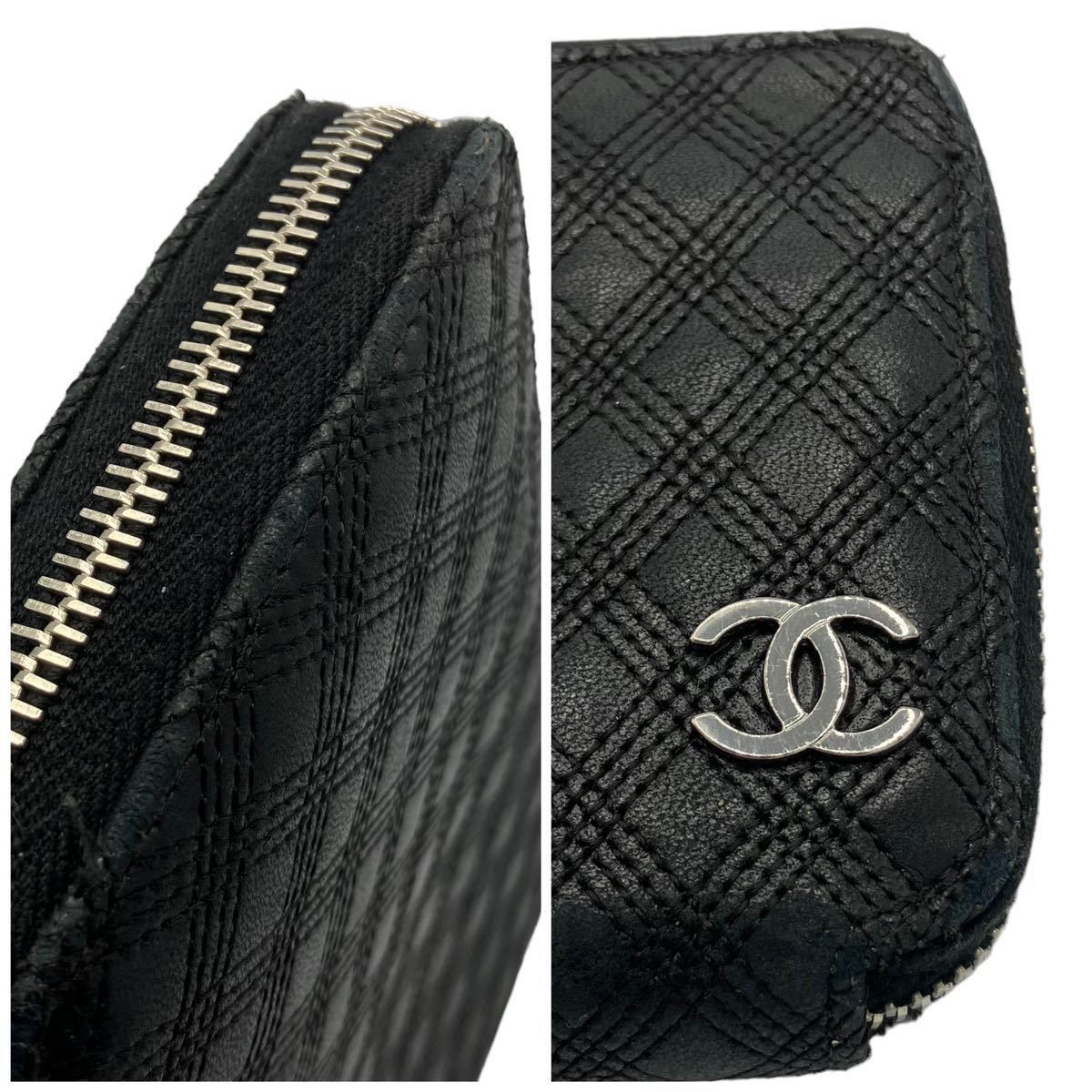 【良品】シャネル CHANEL ココマーク ロゴ レザー ステッチ マトラッセ 長財布 ブラック