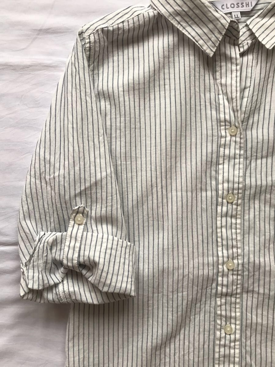 CLOSSHI ストライプ柄シャツ　開襟シャツ　七分袖　胸ポケット付き　薄手　カジュアルシャツ　シンプル　綿100%　中国製