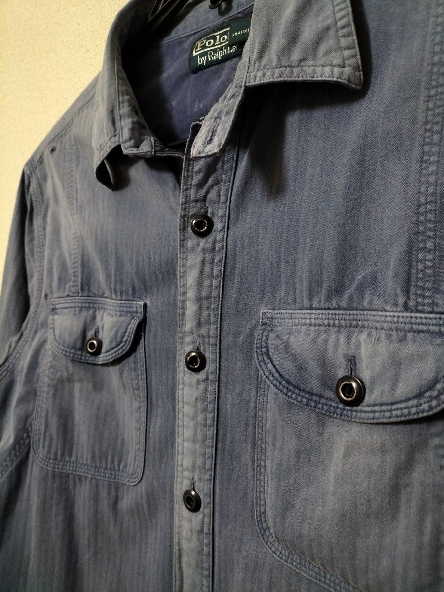 希少 Polo by RalphLauren 90s ワークシャツ ユーロワークジャケット風 ブルー ストライプ S ヴィンテージ