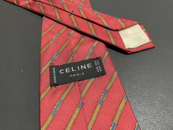 【美品】CELINE　セリーヌ　ロゴ＆レジメンタル柄　ネクタイ　3本以上送料無料　ワインレッド_画像2