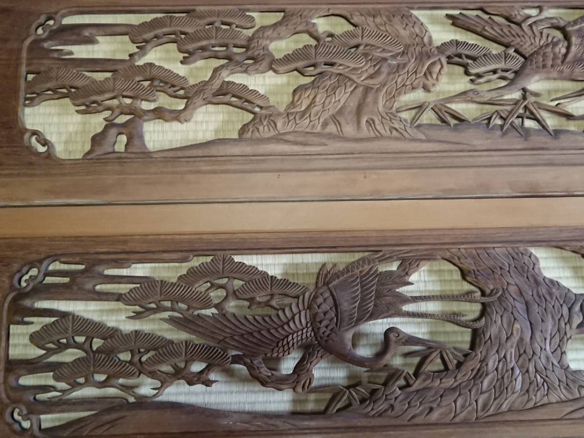  wooden field interval one against both sides carving crane one sheets. width approximately 1855. height approximately 372. thickness approximately 28. Japanese style peace .