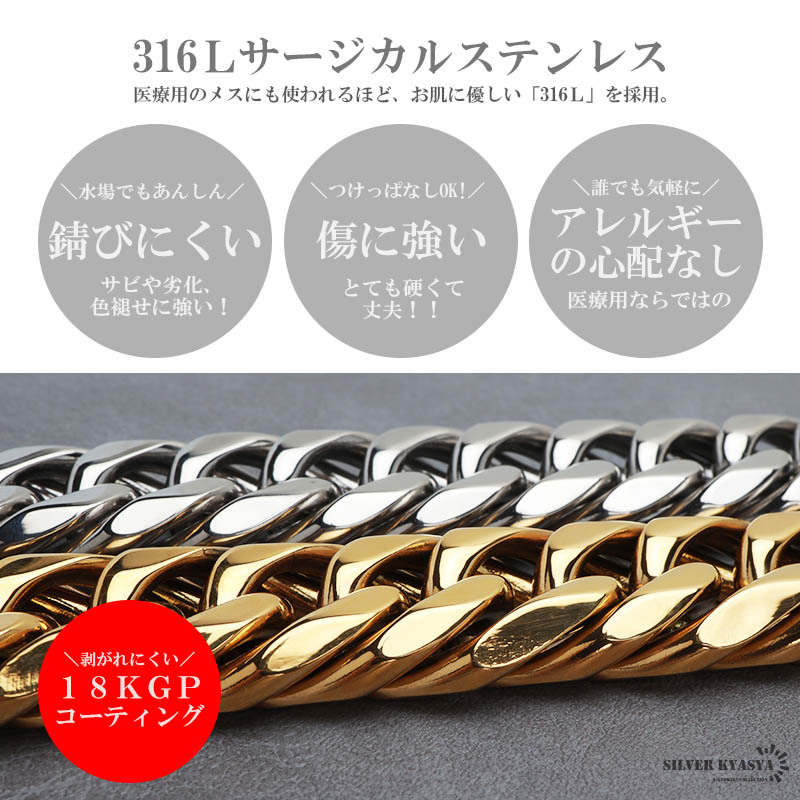 サージカルステンレス316L 極太ダブル喜平チェーン ゴールド 18KGP 幅21mm チェーンネックレス 金属アレ (60cm)_画像3