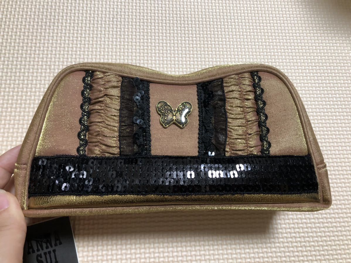 【新品】アナスイ ANNA SUI☆蝶々 レース 山型化粧ポーチ ミニ巾着 ミラー付き 鏡　スパンコール　コスメポーチ　ピンクオレンジ ゴールド_画像4