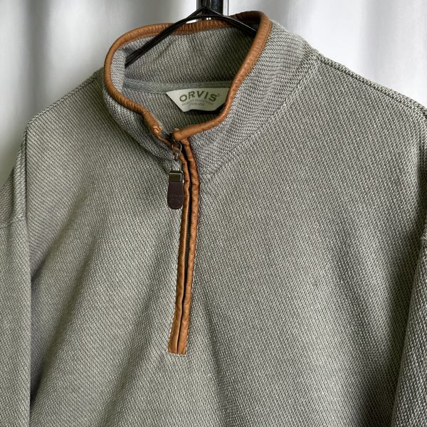 00s ORVIS кожа патрубок patch половина Zip тренировочный тянуть over L хаки рубашка Orbis 80s 00s б/у одежда Old Vintage 