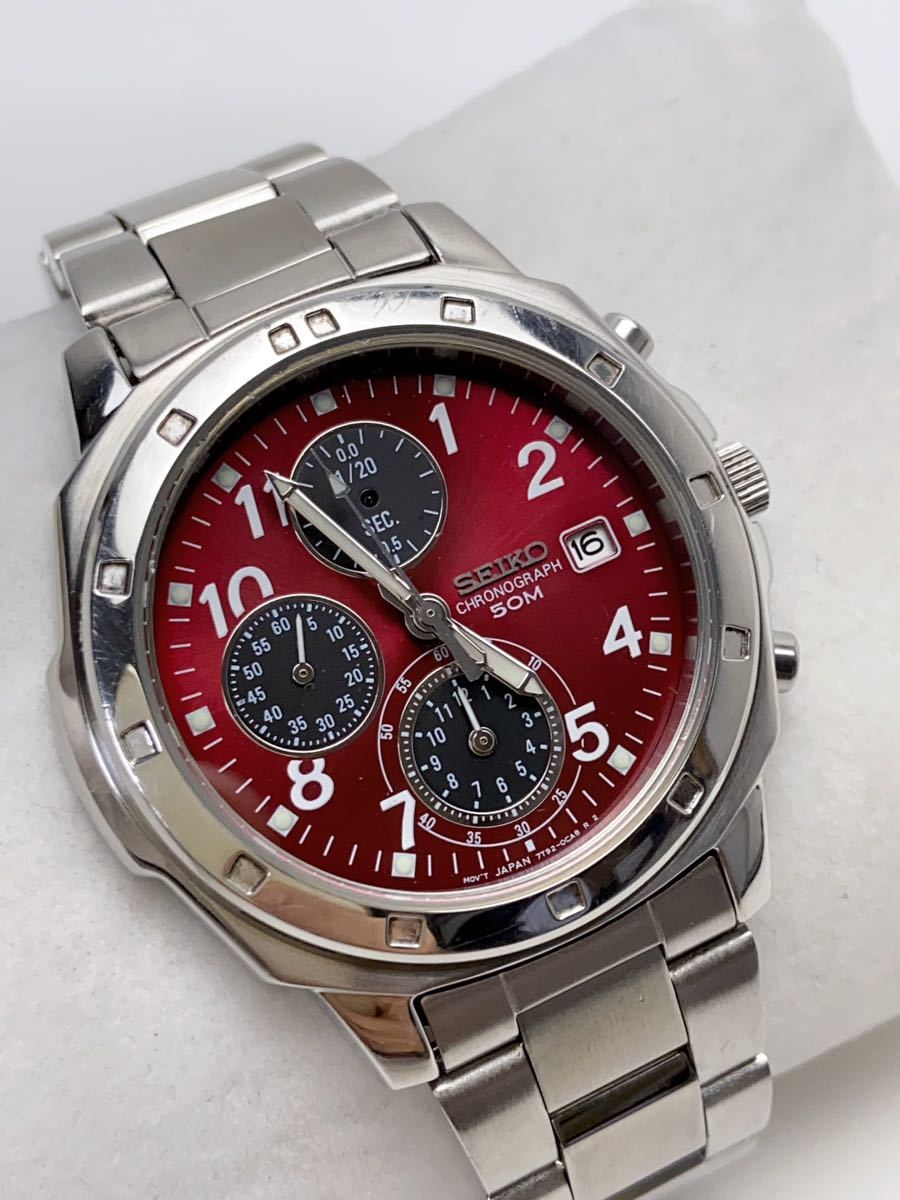 T807 美品 SEIKO セイコー 腕時計 CHRONOGRAPH クォーツ クロノグラフ レッド×シルバー 7T92-0CA0 メンズ