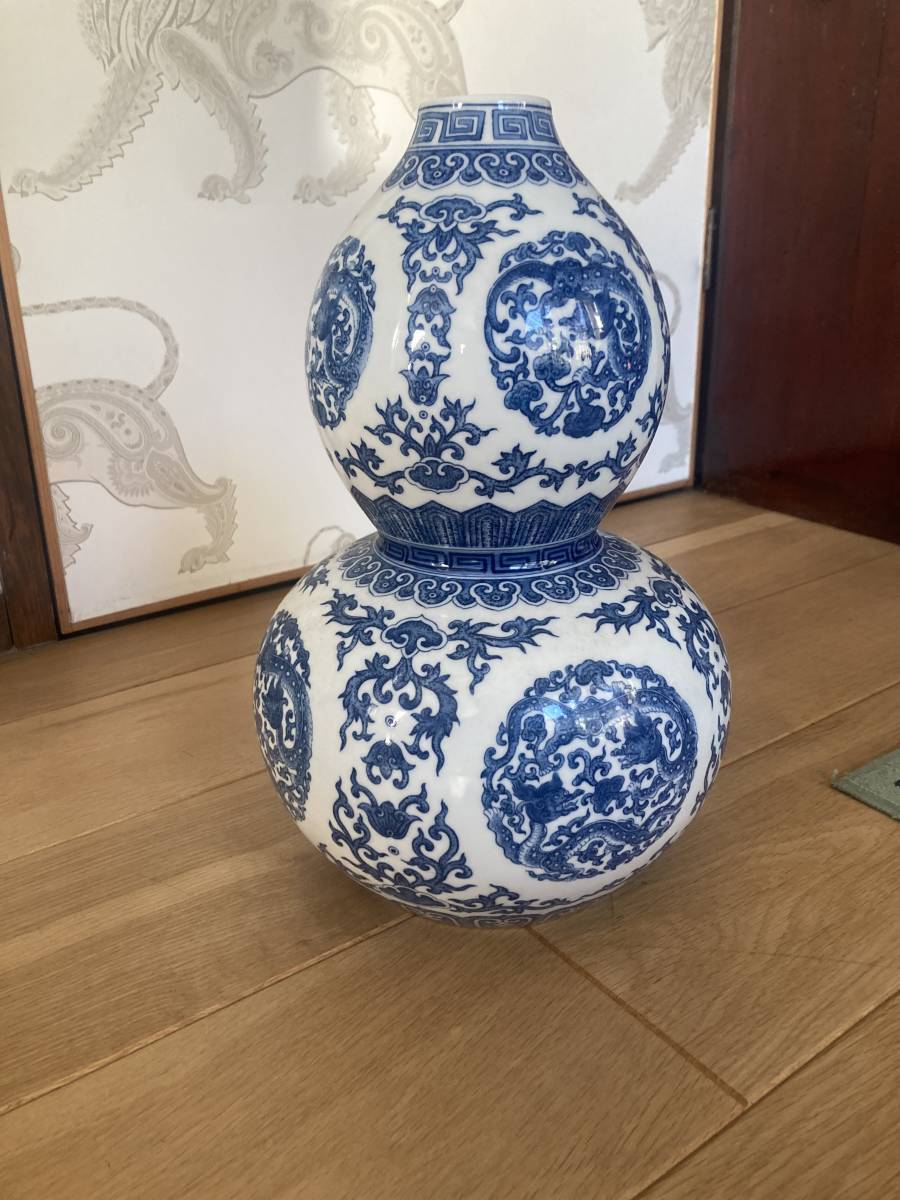 中国 唐物 古瓷 時代物 清代青花龍紋葫蘆瓶 青花