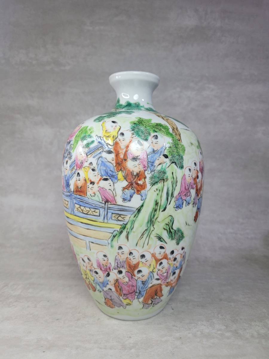 本物保証】 中国唐物古瓷時代物清代道光年製款粉彩百子圖束口瓶清