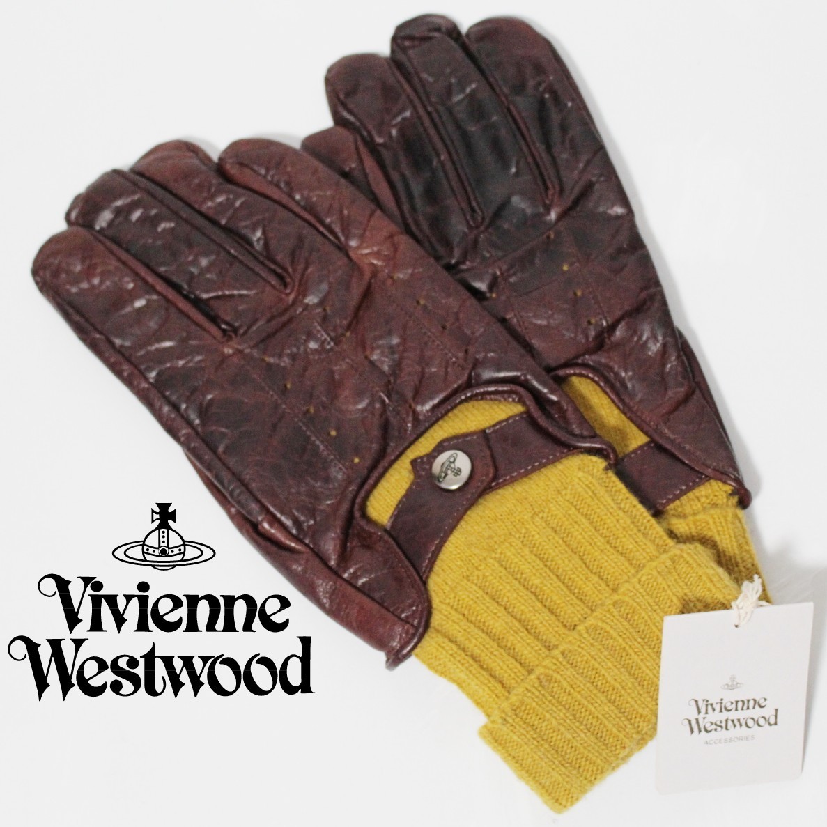 新品 ヴィヴィアンウエストウッド 羊革 ニット コンビデザイン グローブ 手袋 21㎝ 茶系　K2721_画像1