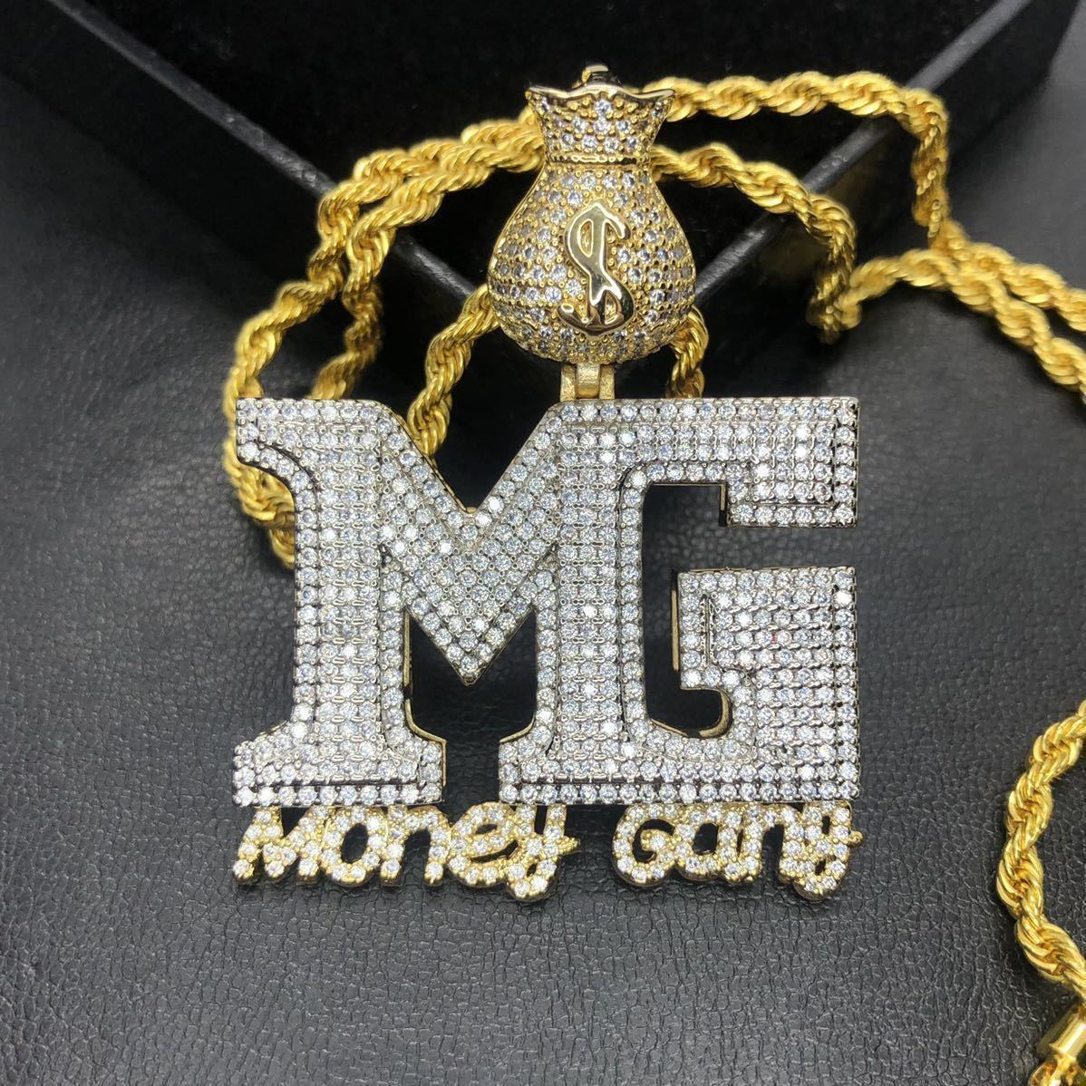 【新品】ドル 袋 バック MG money gang ＄ゴールド 18k 金 メッキ ネックレス ロープ チェーン ペンダント