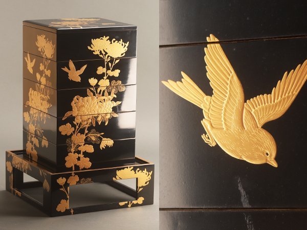 流】木製漆器 本金菊花蒔絵五段重箱 重台付 DG296(重箱)|売買された