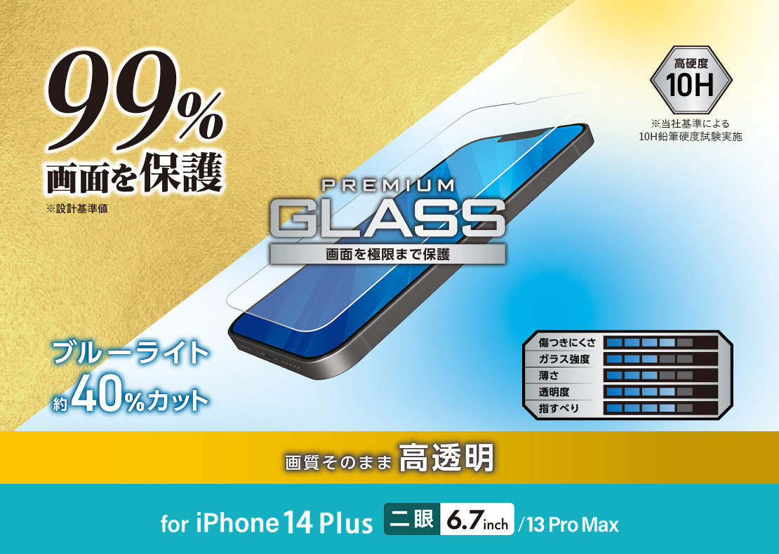 iPhone14 Plus 用 ガラスフィルム カバー率99％ 高透明 BLカット PM-A22BFLKGGBL 873