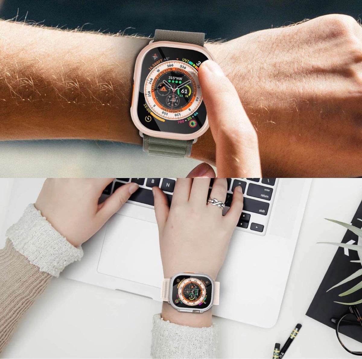 Apple Watch Ultra用保護ケース カバー*2 + 強化ガラスフィルム*2 傷防止 高透過率 気泡ゼロ ワイヤレス充電