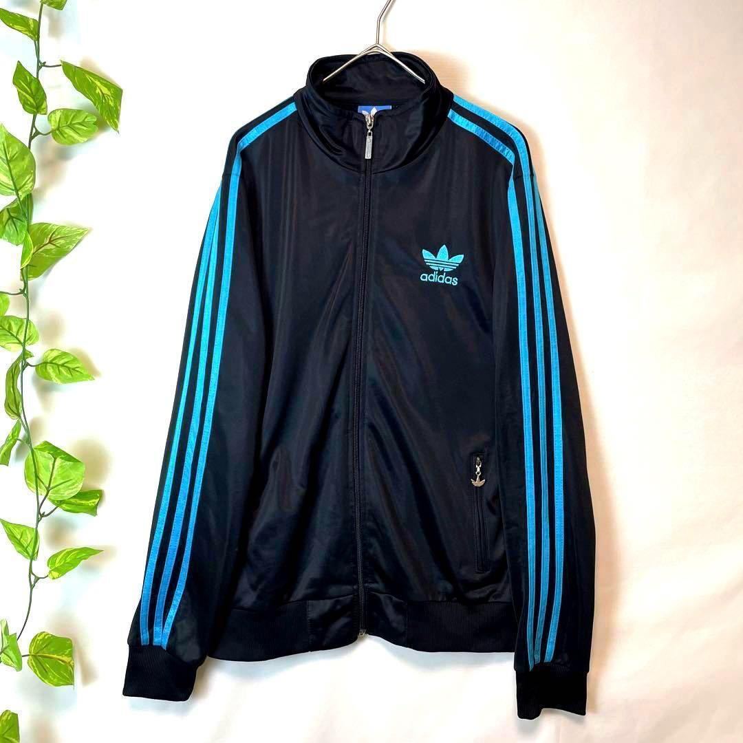 希少 adidas アディダス トラックジャケット ジャージ 黒ブラック×水色青ブルー バッグロゴ Lサイズ相当 メンズ トレフォイルロゴ