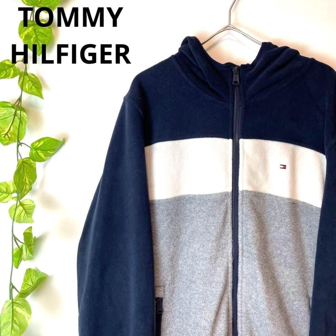 美品 TOMMY HILFIGERトミーヒルフィガー フリースパーカー フラッグロゴ ワッペン マルチカラービッグシルエット メンズ L-XLサイズ以上