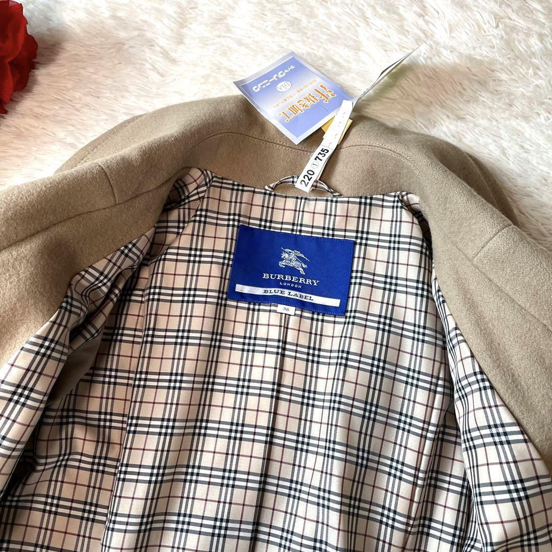 美品★BURBERRY BLUE LABEL　バーバリーブルーレーベル　ロングコート　アウター　38 キャメル　ベージュ　プリーツ　チェック　金ボタン