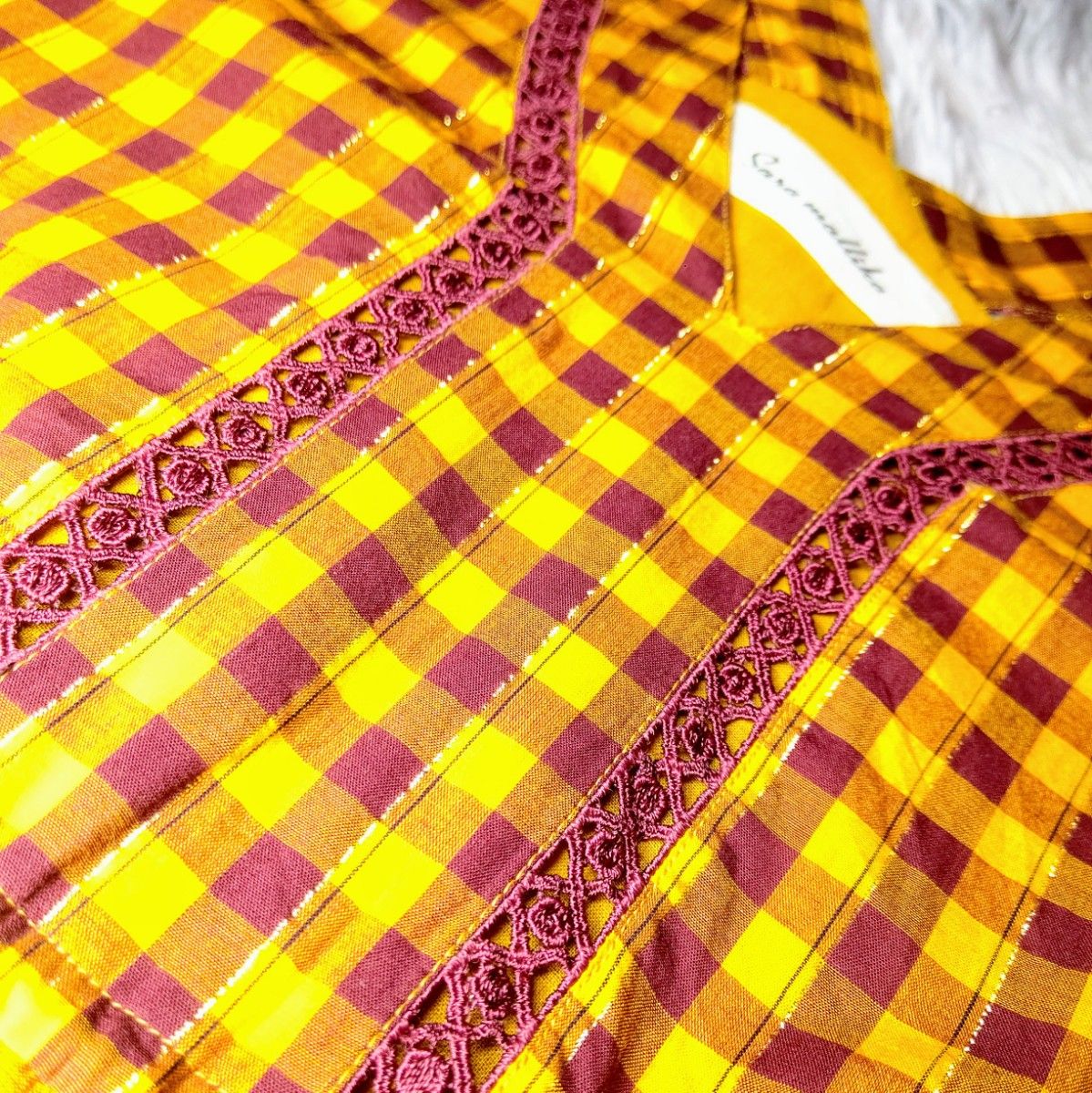 Sara mallika ロングワンピース チェック インド製 大きいサイズ フレア 刺繍 レース 腰紐 ヌキパテ