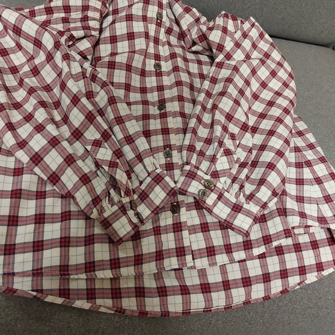 バーバリーブルーレーベル☆チュニック ワンピース 白／赤チェック 七分袖 半袖