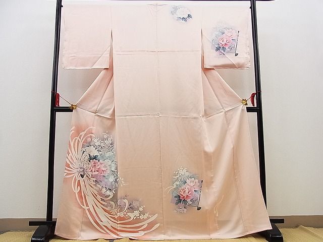 平和屋野田店■訪問着　単衣　刺繍　扇面乱菊花文　暈し染め　逸品　未使用　n-kg3510_画像1