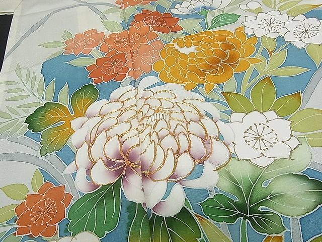 平和屋1■訪問着　単衣　駒刺繍　草花文　金彩　逸品　hy8219_画像3