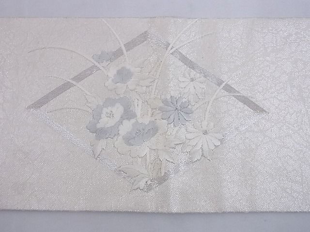 平和屋-こころ店■九寸名古屋帯　総刺繍　花菱文　銀糸　正絹　逸品　A-az5831_画像5