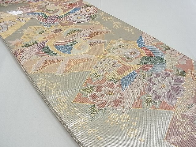 平和屋2■佐賀錦　六通柄袋帯　飛鶴花松文　金銀糸　逸品　ox2943_画像3