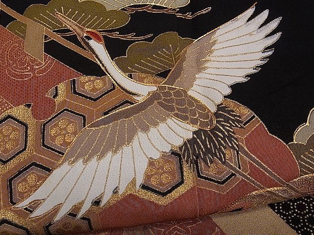 平和屋1■豪華黒留袖　駒刺繍　雪輪飛鶴吉祥花文　金彩　逸品　ch3768_画像5