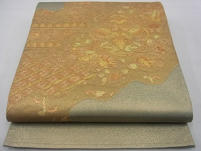 平和屋野田店■袋帯　総刺繍　スワトウ刺繍　駒刺繍　向かい鳥花唐草文　金彩　逸品　n-gh3460_画像1